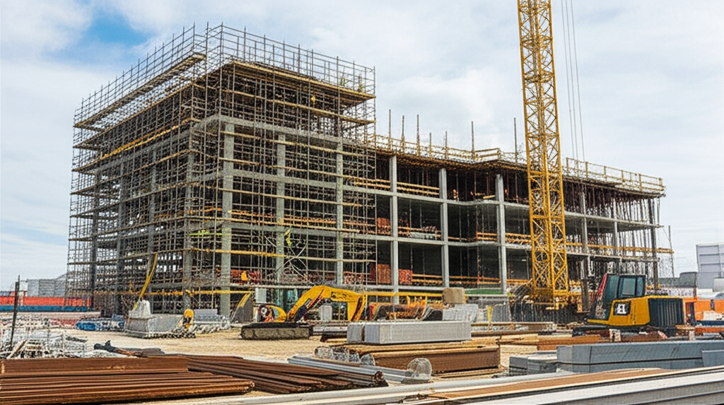 Large-scale commercial construction project showing multi-story building and equipment