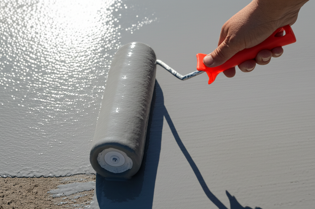Fluid-applied coating being applied with roller