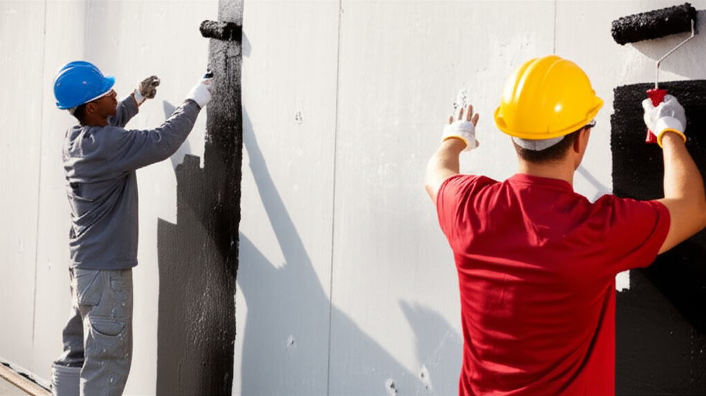 Professional waterproofing crew applying coating