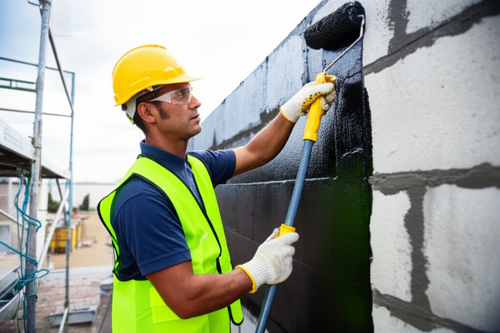 Professional waterproofing application on CMU wall